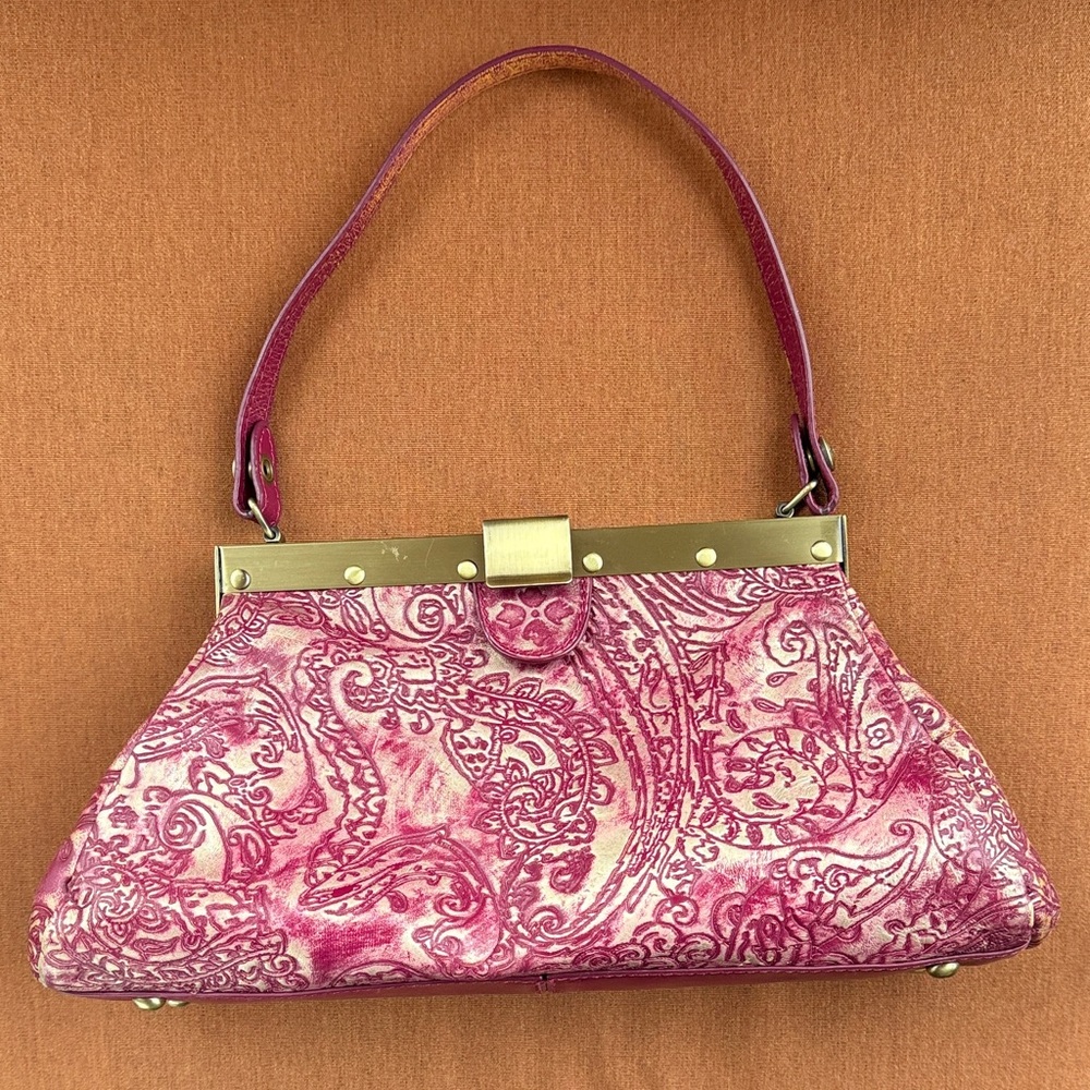 Elegant Berry Pink Gold Embossed Paisley Patterned Patricia Nash Satchel
